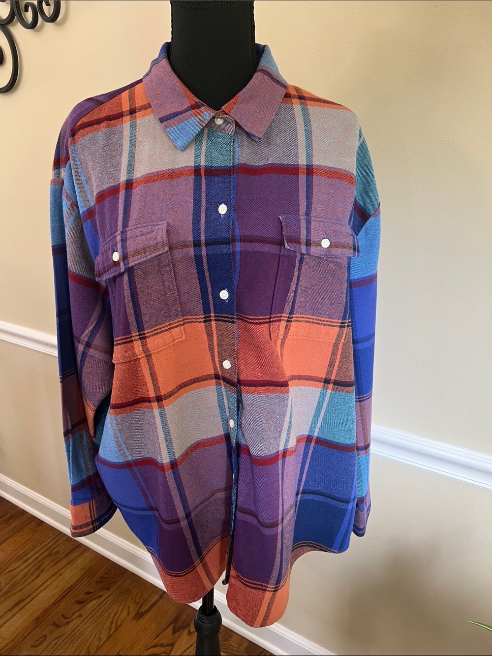 Old Navy Boyfriend Multicolor Plaid Button-Up Shirt - Blue, Purple & Orange